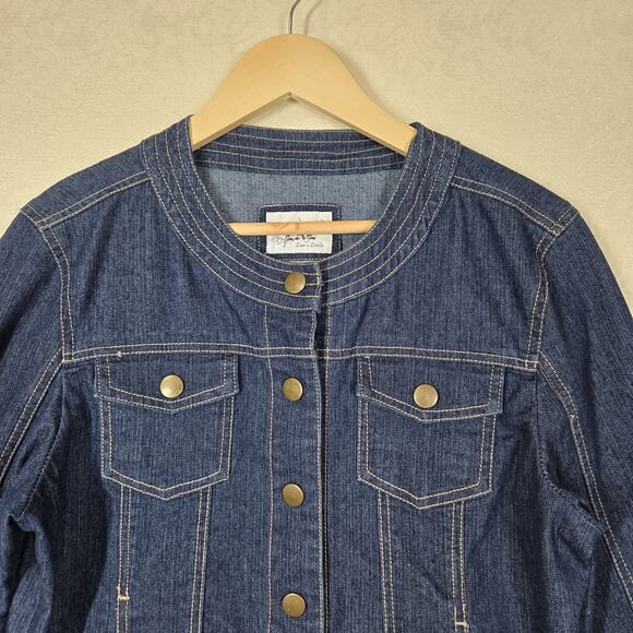 VTG Live A Little Denim Jacket sz L Blue Snap Front Pockets Fitted Top Stitched - Picture 2 of 16